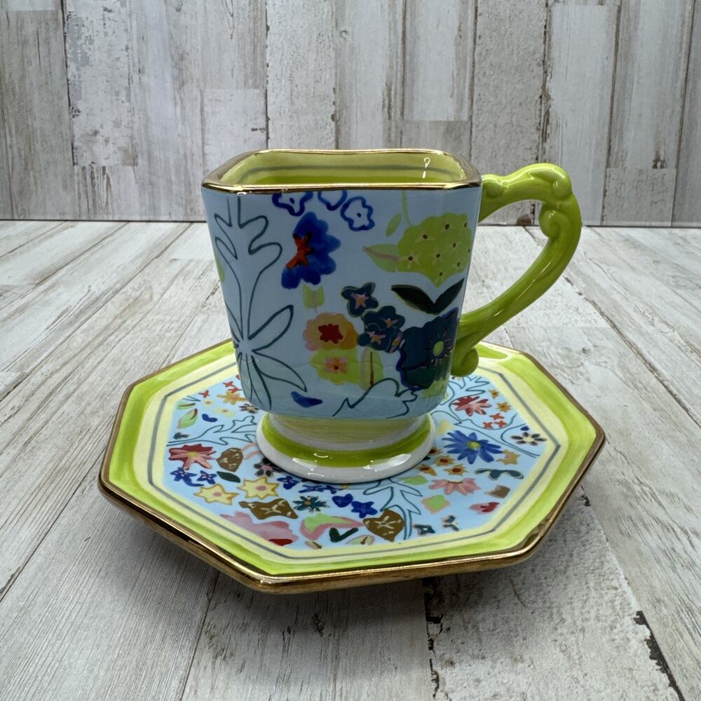 Tracy Porter Poetic Wanderlust Rose Boheme Hand Painted Gold Rim Mug & Saucer